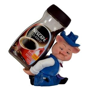 NEW Pig in Blue Cup Coffee Jar Mug Container Holder